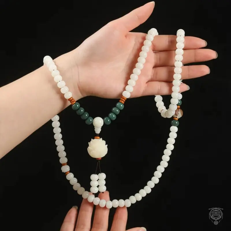 Sacred Lotus White Bodhi Seed 108 Mala - Shoushan Stone Accent