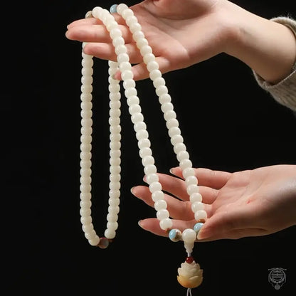 Sacred Lotus White Bodhi Seed 108 Mala - Shoushan Stone Accent