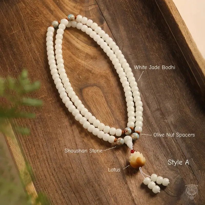Sacred Lotus White Bodhi Seed 108 Mala - Shoushan Stone Accent