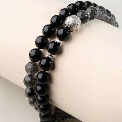 Obsidian & Black Rutilated Quartz Multi-Loop Bracelet - Potala Palace Empowered