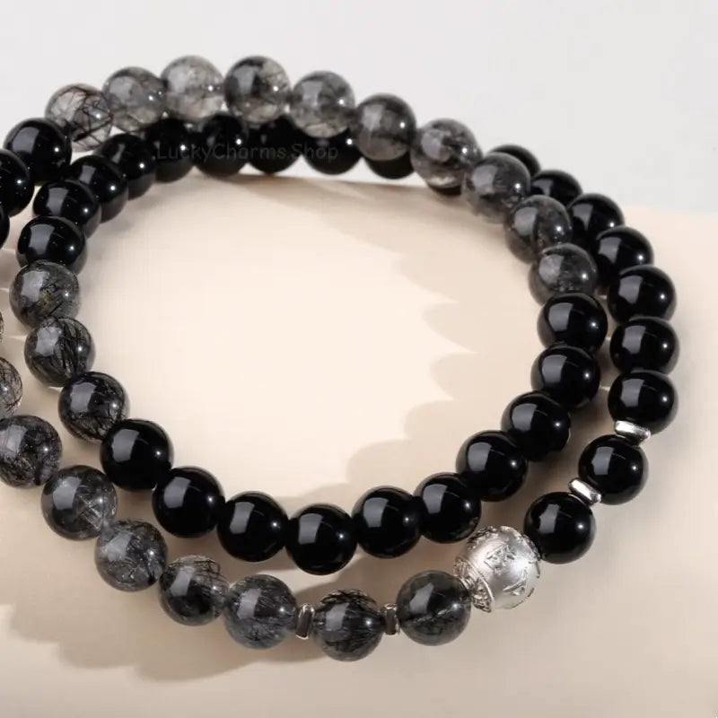 Obsidian & Black Rutilated Quartz Multi-Loop Bracelet - Potala Palace Empowered