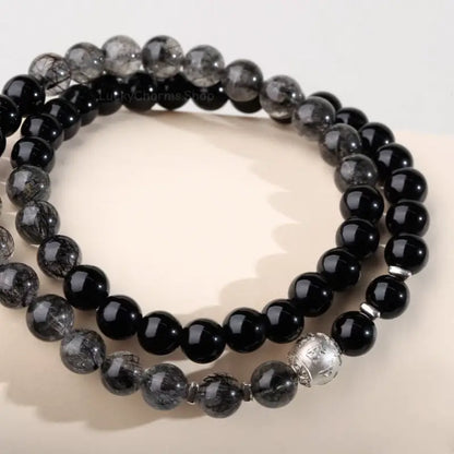 Obsidian & Black Rutilated Quartz Multi-Loop Bracelet - Potala Palace Empowered