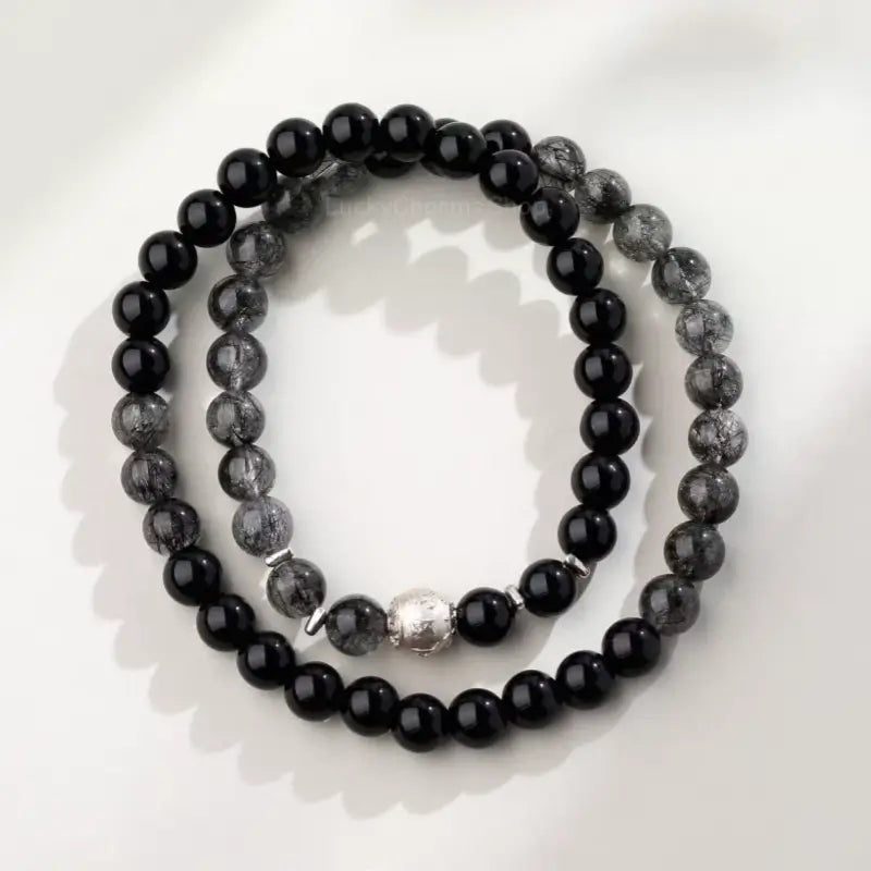 Obsidian & Black Rutilated Quartz Multi-Loop Bracelet - Potala Palace Empowered