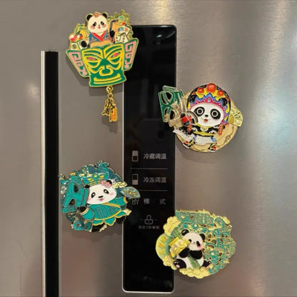 Decorative panda magnets on a refrigerator door