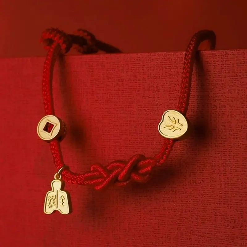 24K Gold-Plated All Things Auspicious Red Bracelet | Promotion Blessing Jewelry-LuckyCharms.Shop