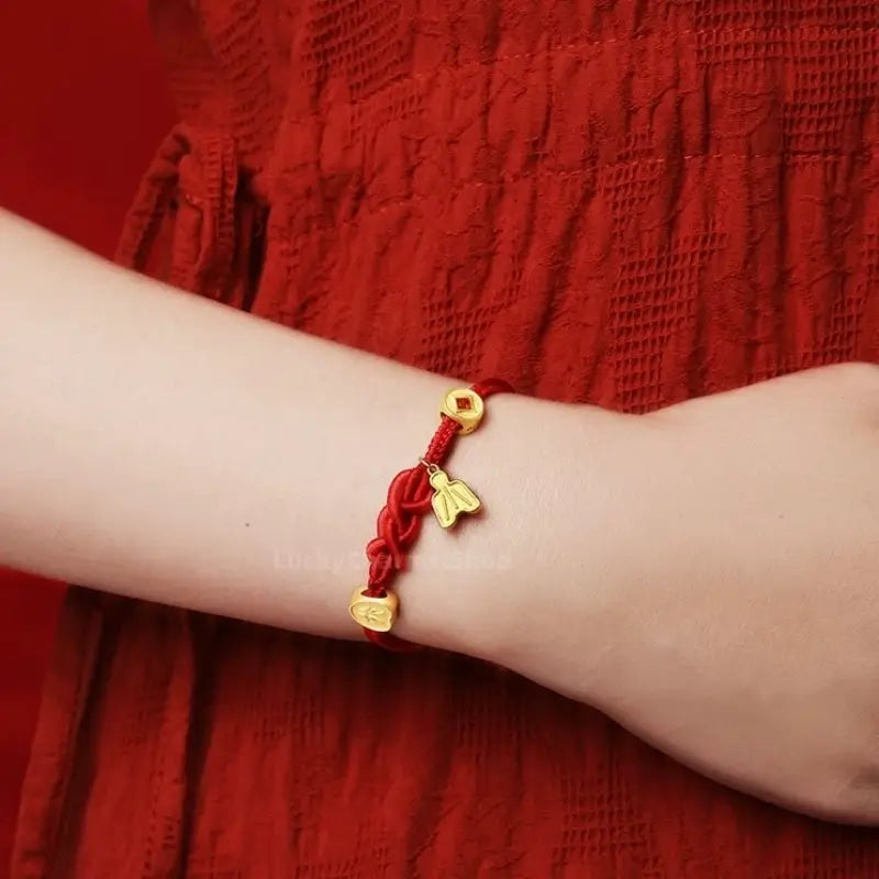 24K Gold-Plated All Things Auspicious Red Bracelet | Promotion Blessing Jewelry-LuckyCharms.Shop