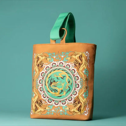 Dunhuang Dragon Caisson Velvet Handbag | Retro Chinese Style Portable Bag