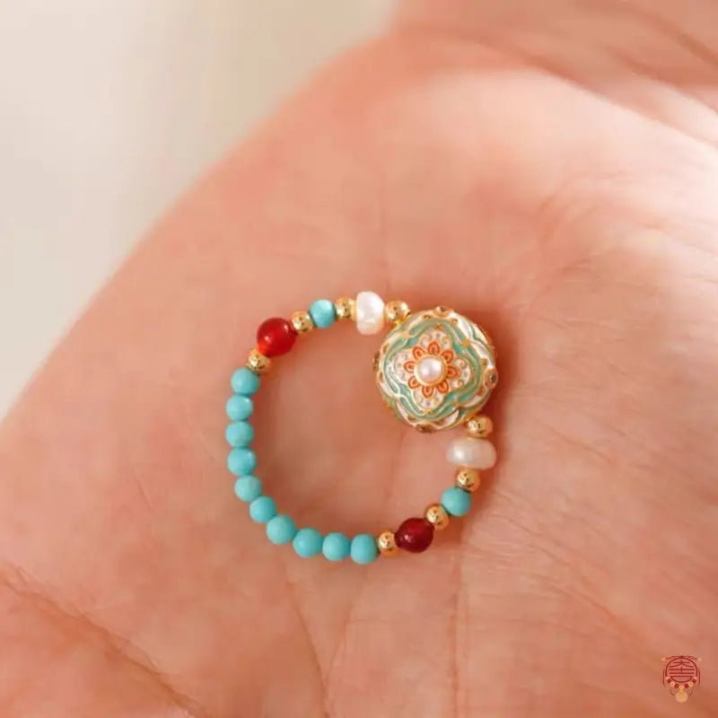 Dunhuang Academy Enamel & Imitation Turquoise Beaded Elastic Ring