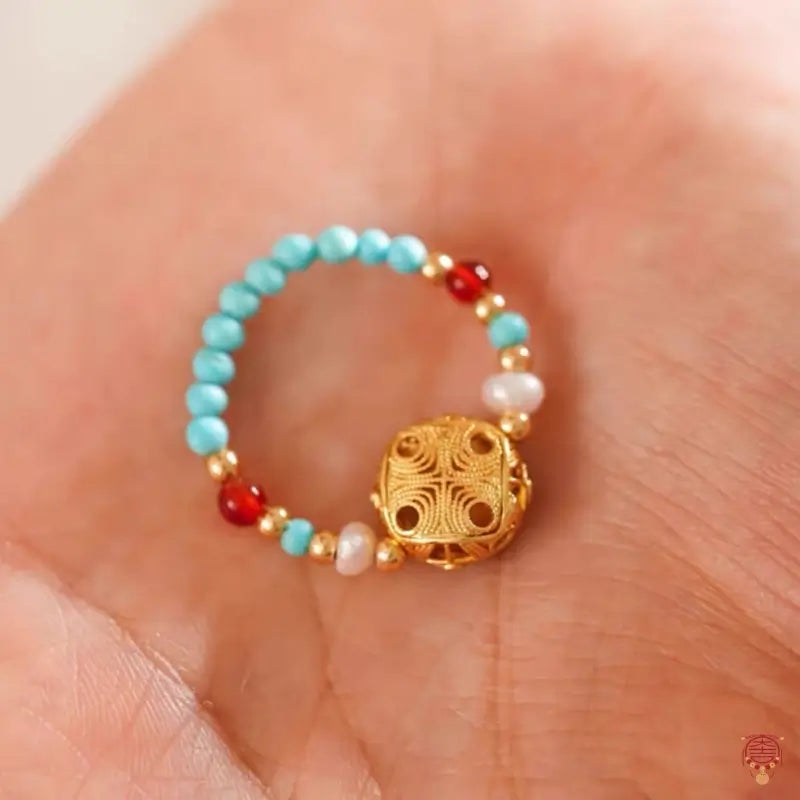 Dunhuang Academy Enamel & Imitation Turquoise Beaded Elastic Ring