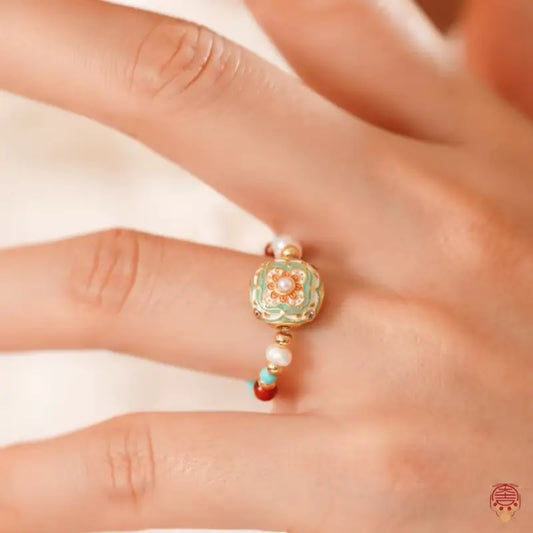 Dunhuang Academy Enamel & Imitation Turquoise Beaded Elastic Ring
