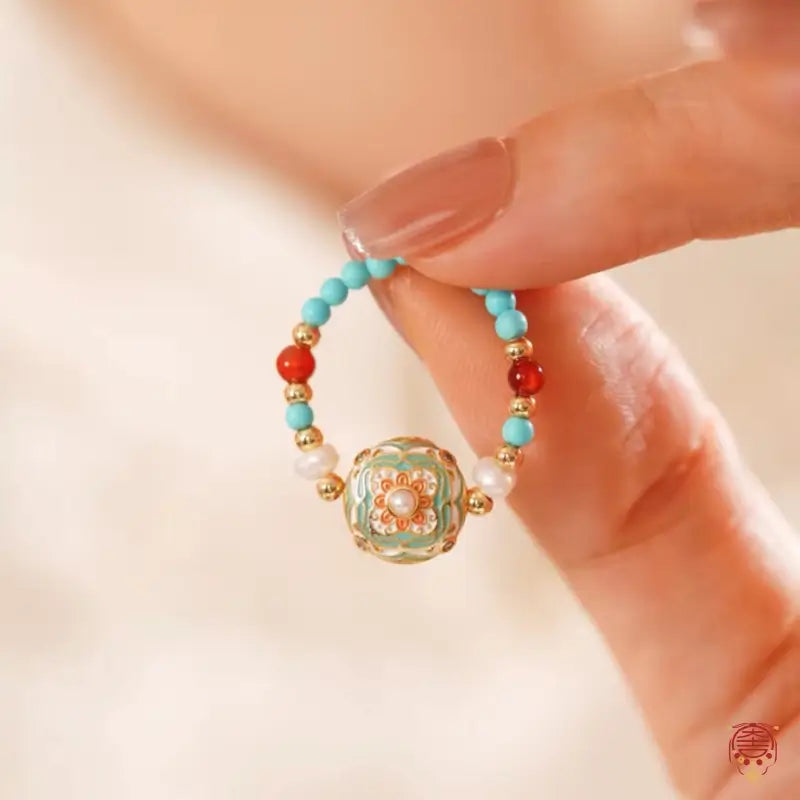 Dunhuang Academy Enamel & Imitation Turquoise Beaded Elastic Ring