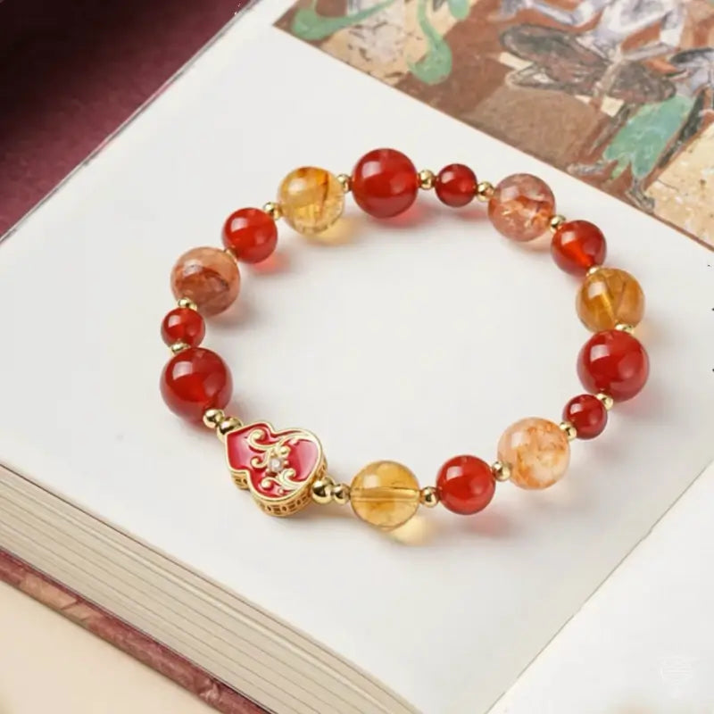 Scroll Grass Pattern Fu Lu Red Agate Crystal Bracelet | Dunhuang Academy Creation