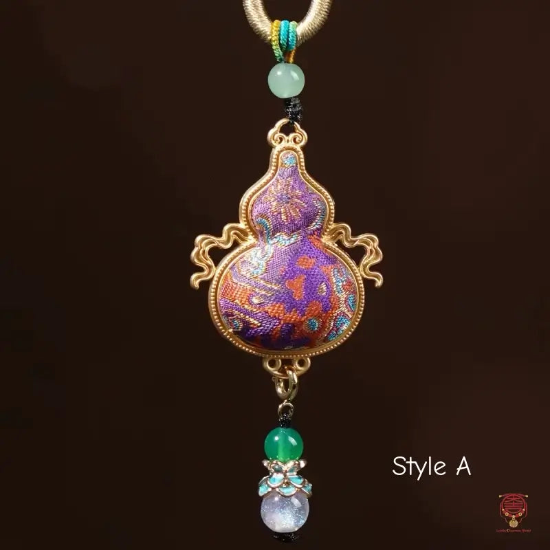 Collier calebasse du patrimoine de Dunhuang - Brocart de soie et pendentif en verre