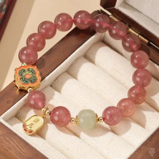 Dunhuang Strawberry Quartz & Hetian Jade Blessing Tag Bracelet