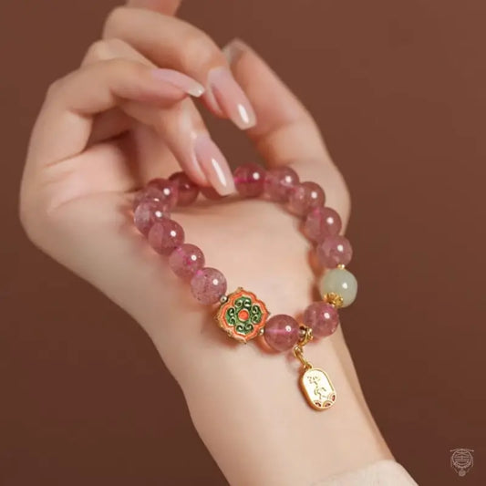 Dunhuang Strawberry Quartz & Hetian Jade Blessing Tag Bracelet
