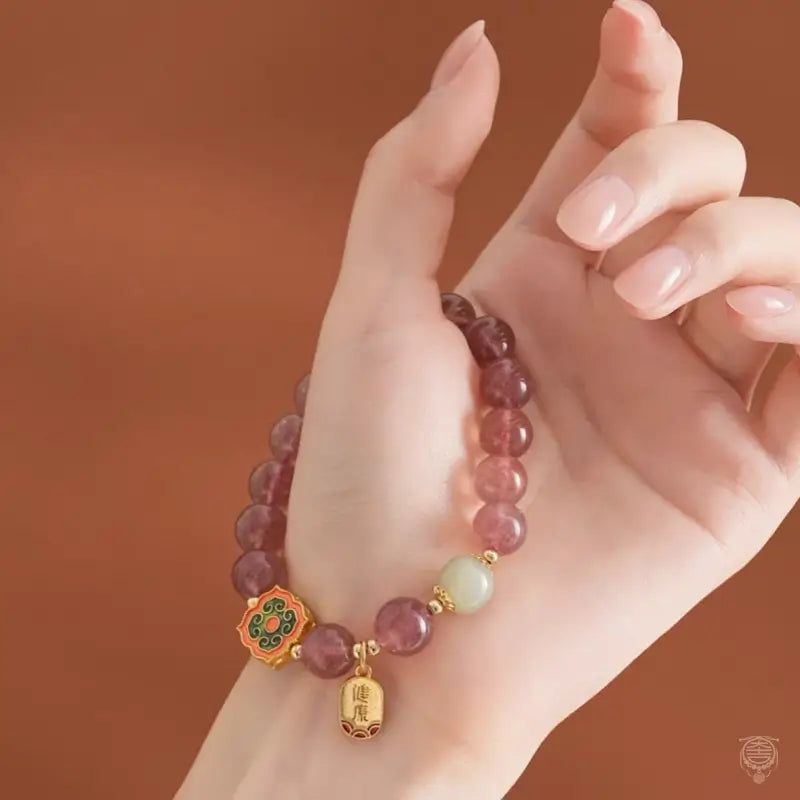 Dunhuang Strawberry Quartz & Hetian Jade Blessing Tag Bracelet