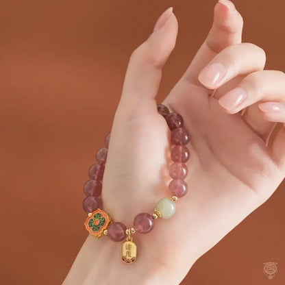 Dunhuang Strawberry Quartz & Hetian Jade Blessing Tag Bracelet