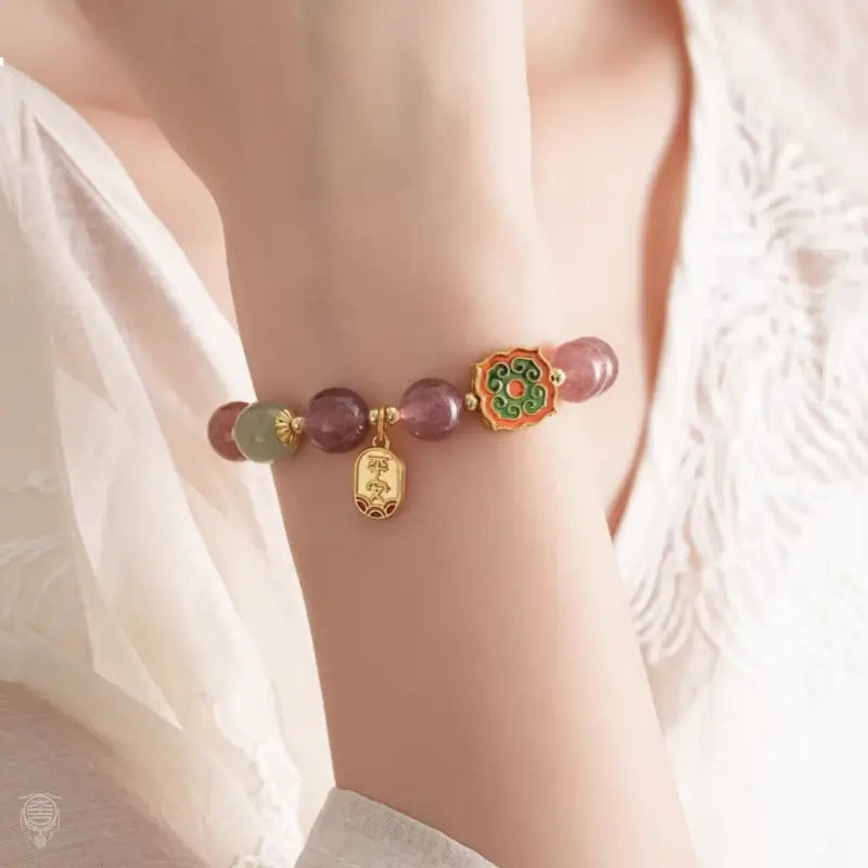 Dunhuang Strawberry Quartz & Hetian Jade Blessing Tag Bracelet