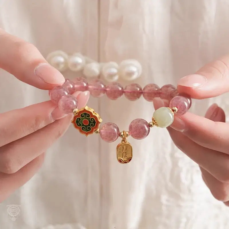 Dunhuang Strawberry Quartz & Hetian Jade Blessing Tag Bracelet