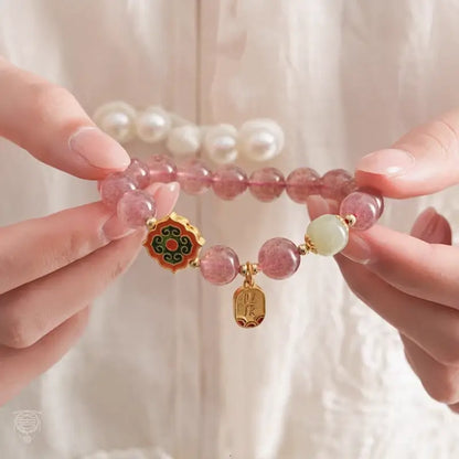 Dunhuang Strawberry Quartz & Hetian Jade Blessing Tag Bracelet