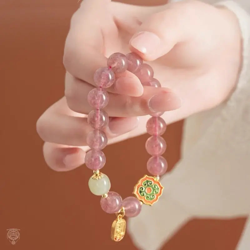 Dunhuang Strawberry Quartz & Hetian Jade Blessing Tag Bracelet