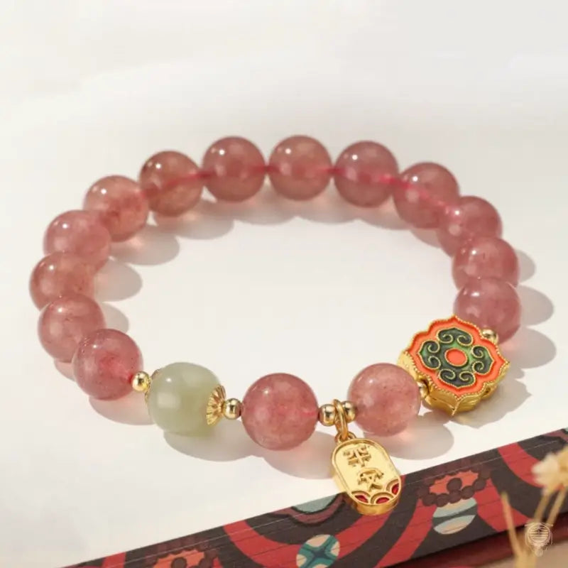 Dunhuang Strawberry Quartz & Hetian Jade Blessing Tag Bracelet