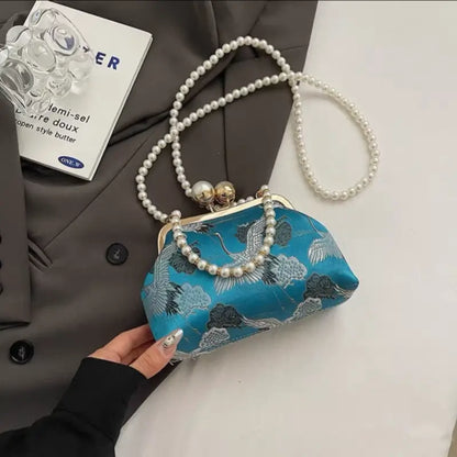 Chinese Style Pearl Chain Crane Bag | Crossbody & Clutch, New Chinese Elegance