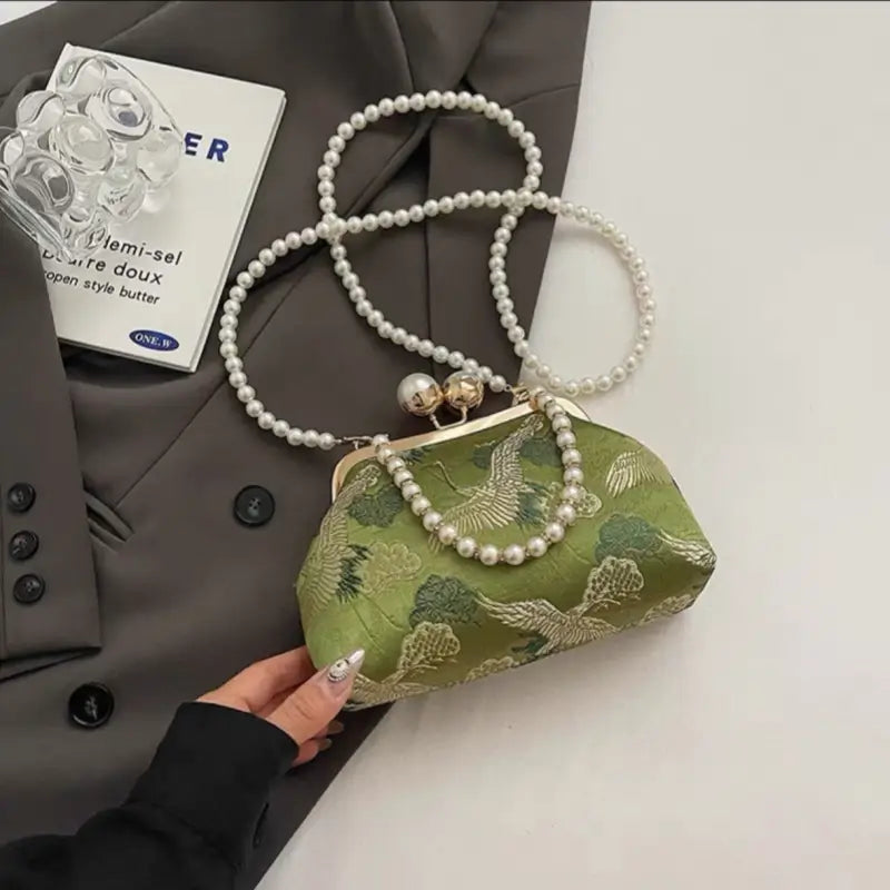 Chinese Style Pearl Chain Crane Bag | Crossbody & Clutch, New Chinese Elegance