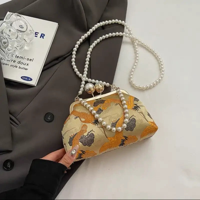 Chinese Style Pearl Chain Crane Bag | Crossbody & Clutch, New Chinese Elegance
