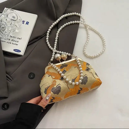 Chinese Style Pearl Chain Crane Bag | Crossbody & Clutch, New Chinese Elegance