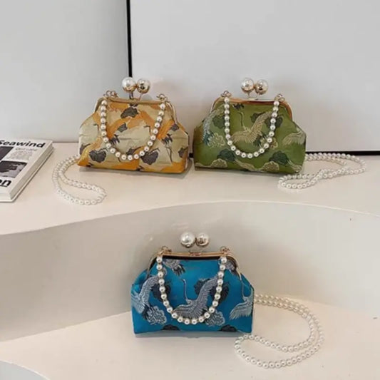 Chinese Style Pearl Chain Crane Bag | Crossbody & Clutch, New Chinese Elegance