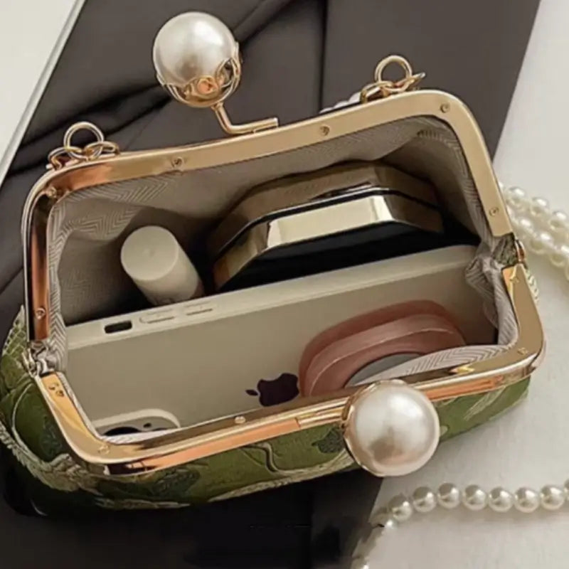 Chinese Style Pearl Chain Crane Bag | Crossbody & Clutch, New Chinese Elegance