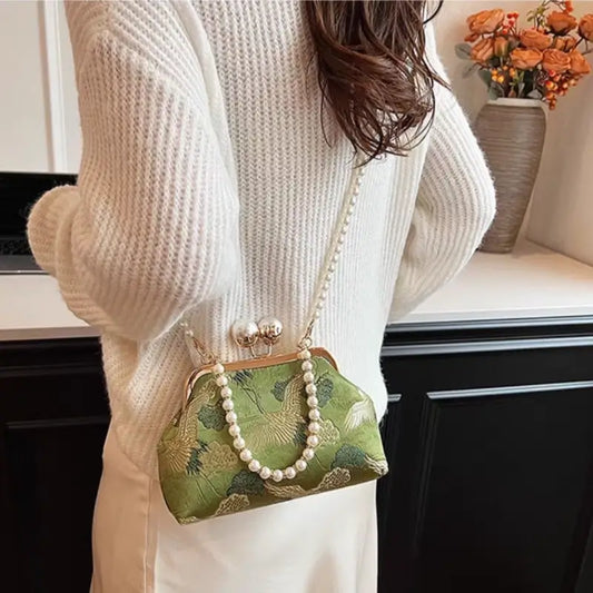 Chinese Style Pearl Chain Crane Bag | Crossbody & Clutch, New Chinese Elegance