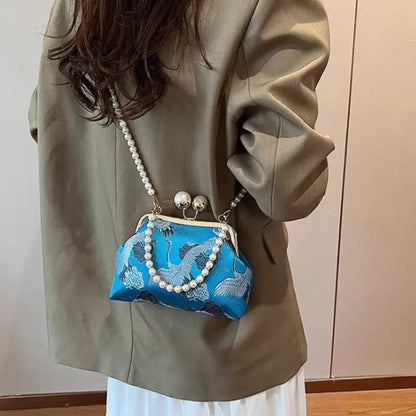 Chinese Style Pearl Chain Crane Bag | Crossbody & Clutch, New Chinese Elegance