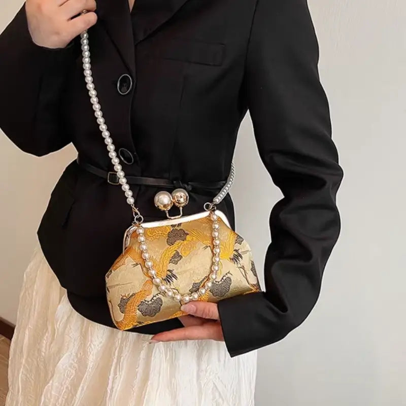 Chinese Style Pearl Chain Crane Bag | Crossbody & Clutch, New Chinese Elegance