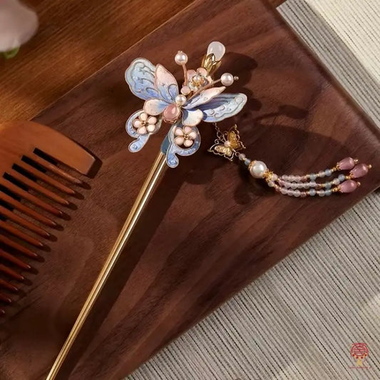 Palace Heritage Butterfly Hairpin - Silk Velvet & Gemstone Tassel Stick