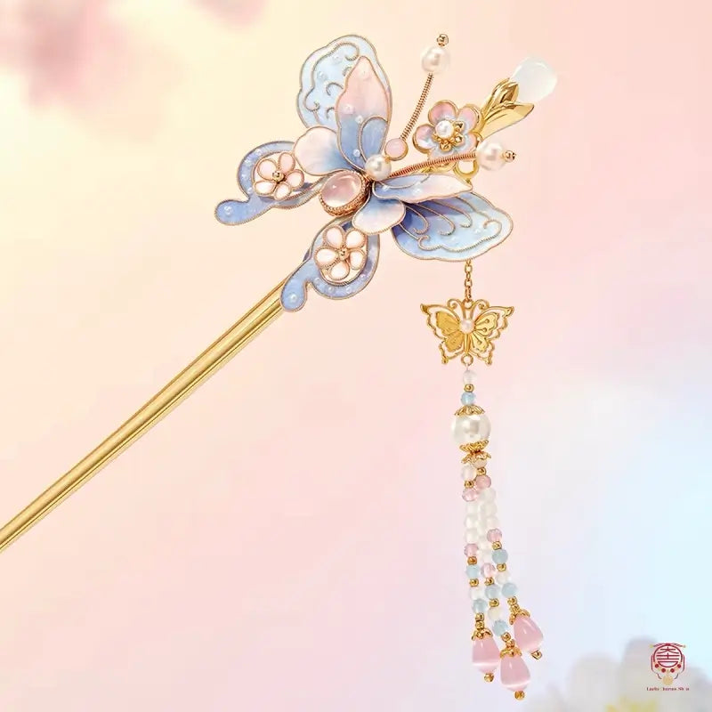 Palace Heritage Butterfly Hairpin - Silk Velvet & Gemstone Tassel Stick