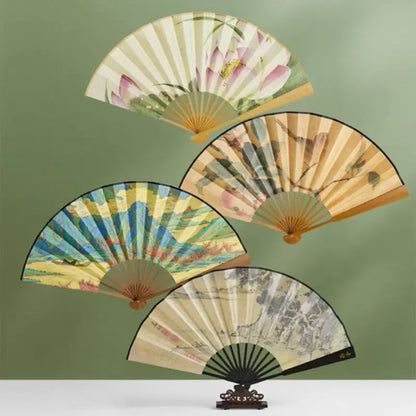 Palace Double-Sided Silk Folding Fan with Polished Bamboo Ribs