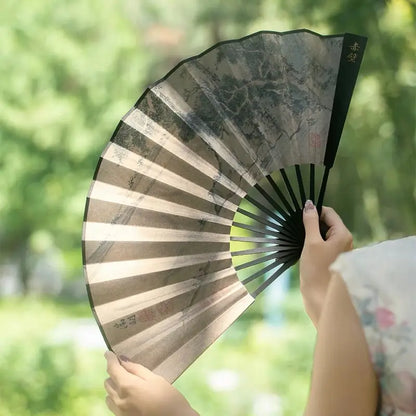 Palace Double-Sided Silk Folding Fan with Polished Bamboo Ribs