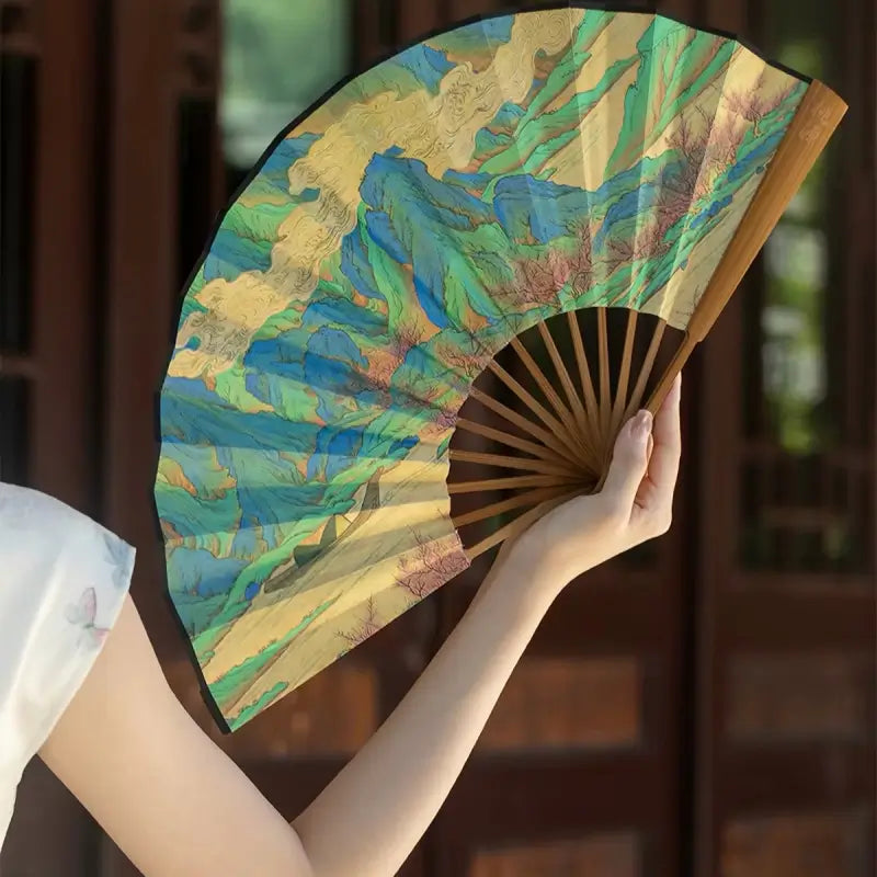 Palace Double-Sided Silk Folding Fan with Polished Bamboo Ribs