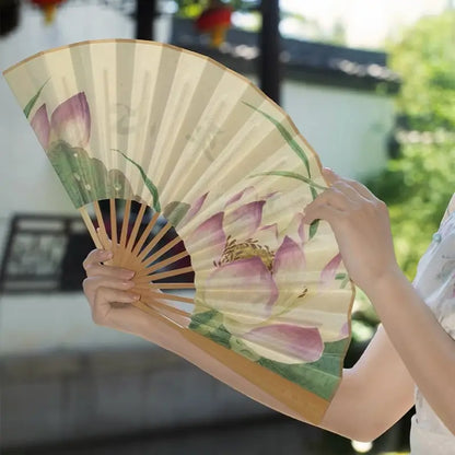 Palace Double-Sided Silk Folding Fan with Polished Bamboo Ribs