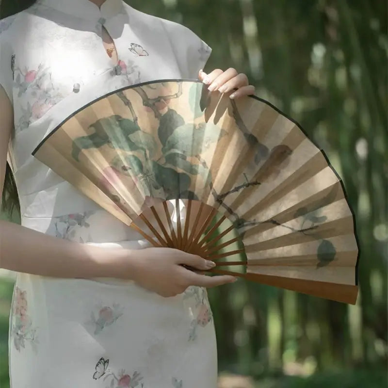Palace Double-Sided Silk Folding Fan with Polished Bamboo Ribs