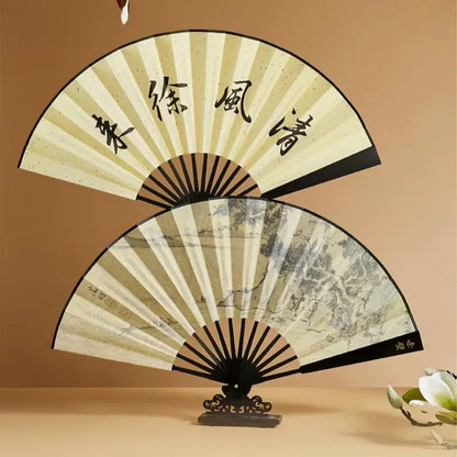Palace Double-Sided Silk Folding Fan with Polished Bamboo Ribs