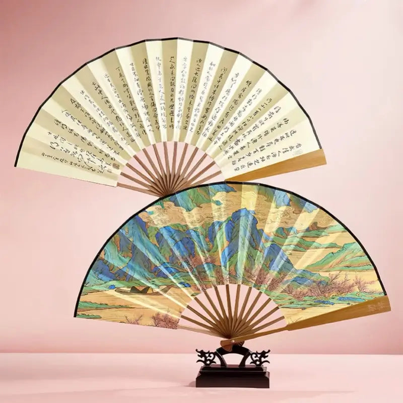 Palace Double-Sided Silk Folding Fan with Polished Bamboo Ribs