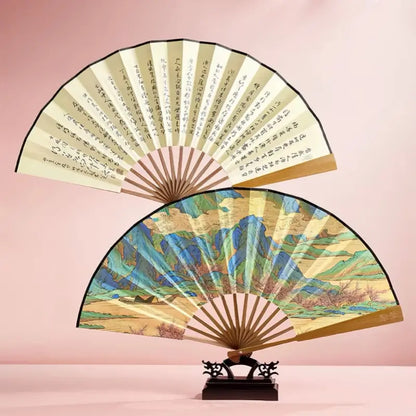 Palace Double-Sided Silk Folding Fan with Polished Bamboo Ribs