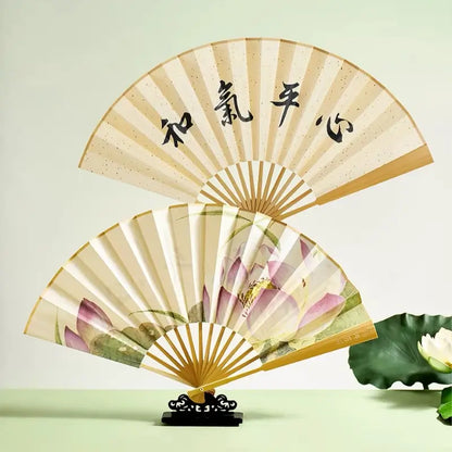 Palace Double-Sided Silk Folding Fan with Polished Bamboo Ribs
