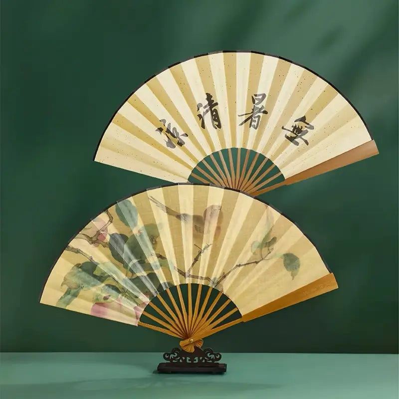 Palace Double-Sided Silk Folding Fan with Polished Bamboo Ribs