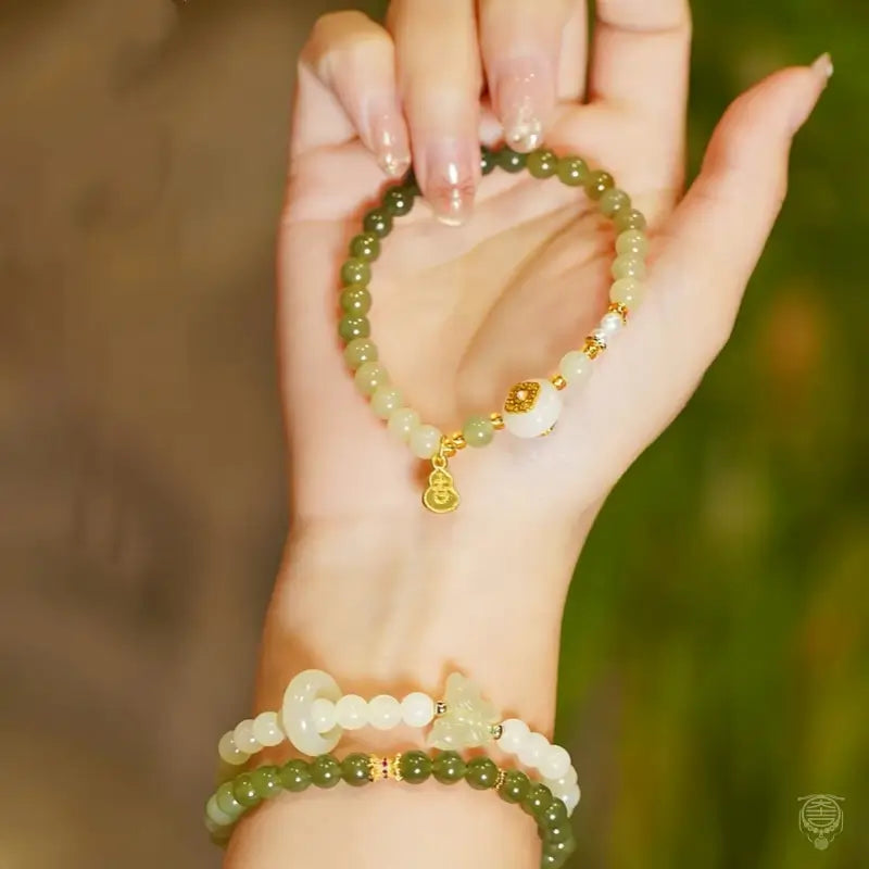 Palace Celadon Nephrite Jade Bracelet with Gourd & Butterfly Charms