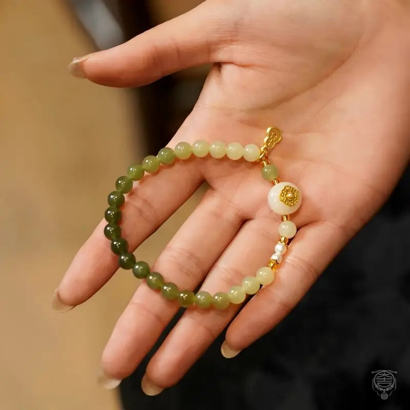 Palace Celadon Nephrite Jade Bracelet with Gourd & Butterfly Charms