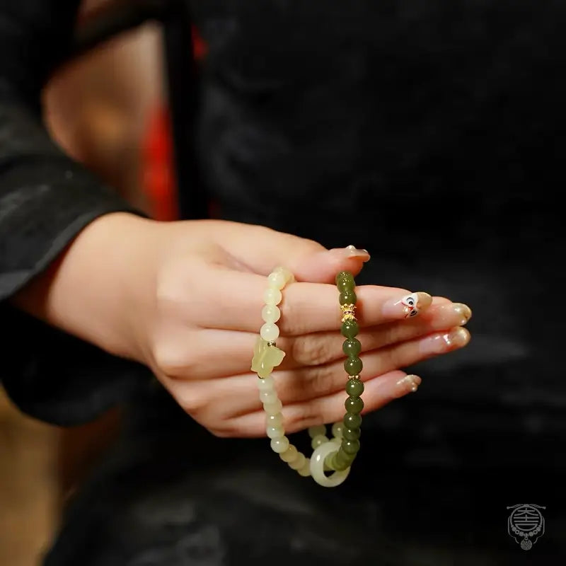 Palace Celadon Nephrite Jade Bracelet with Gourd & Butterfly Charms